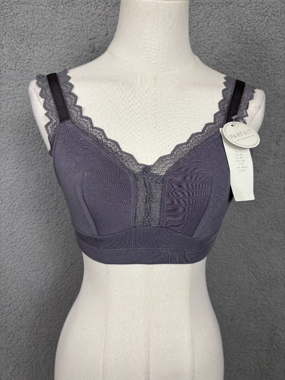 Parfait Women's P5641 Wire-Free Bralette Lace Trim Size 30DDD USA Charcoal NWTs